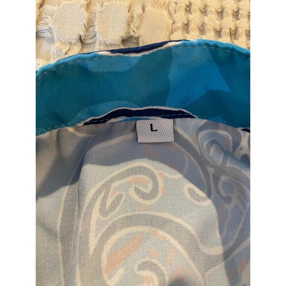 Boho Womens Blouse Size Large Button Down Blue Patterened Top Cuffed Sleeves - Picture 10 of 11